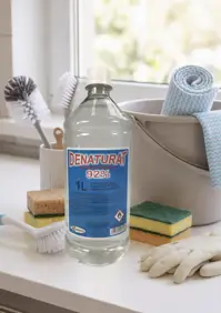 Denaturat alkohol etylowy skażony 92% 1L w szklanej butelce z białą zakrętką, otoczony szczotkami i gąbkami czyszczącymi na parapecie.