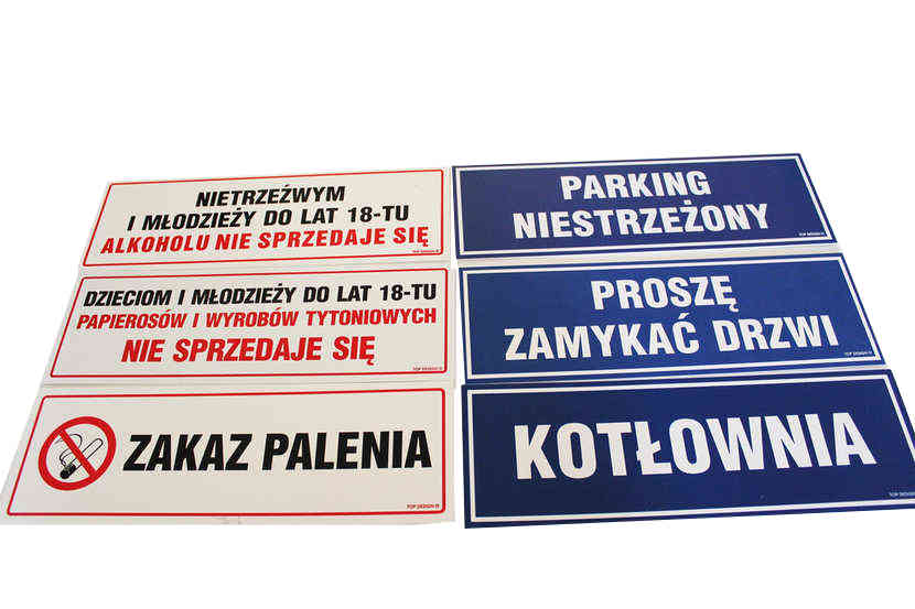 Tablica PCV 20/40 cm zakaz parkowania, informacyjna, biała z niebieskim napisem
