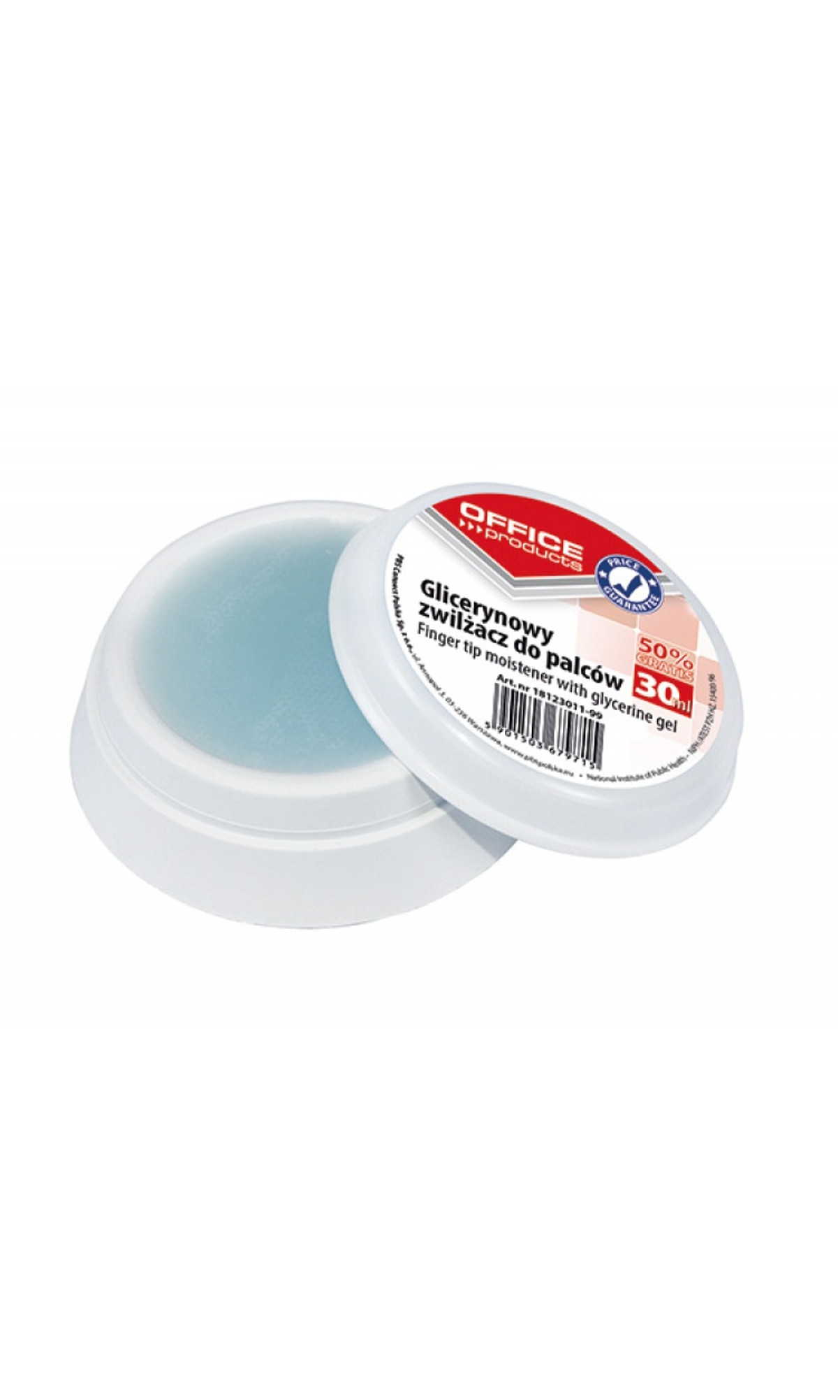 Zwilżacz do palców maczałka glicerynowy Office Products z białym pudełkiem i niebieską gąbką.