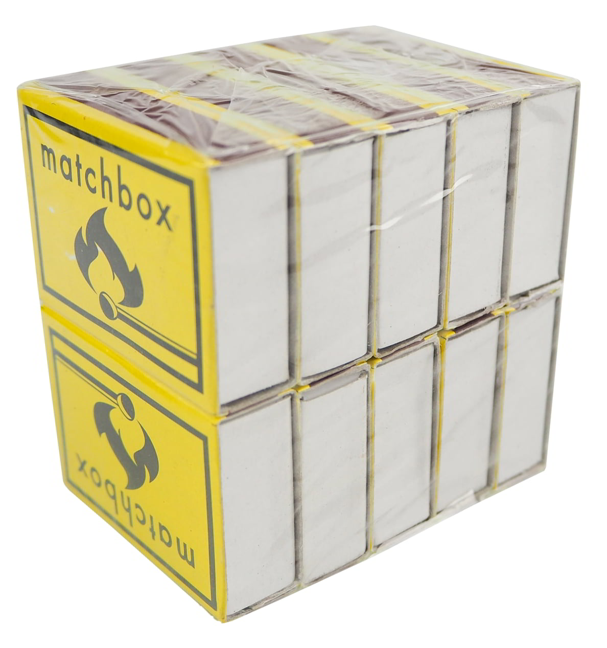 Zapałki 10 pudełeczek kartonowych białych w opakowaniu zbiorczym ze żółtą etykietą matchbox i metalowym paskiem zapalnym