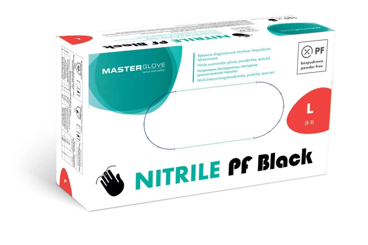 Rękawice NITRYLOWE CZARNE L 100sztMASTER GLOVE 4g - 12mikr. Opakowanie rękawic nitrylowych czarnych Master Glove rozmiar L, 100 sztuk, bezpudrowe.