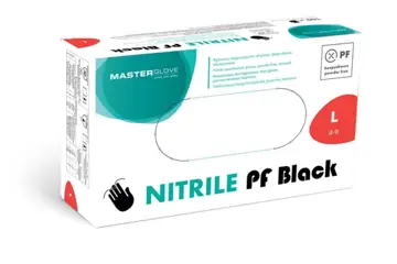 Rękawice NITRYLOWE CZARNE L 100sztMASTER GLOVE 4g - 12mikr. Opakowanie rękawic nitrylowych czarnych Master Glove rozmiar L, 100 sztuk, bezpudrowe.