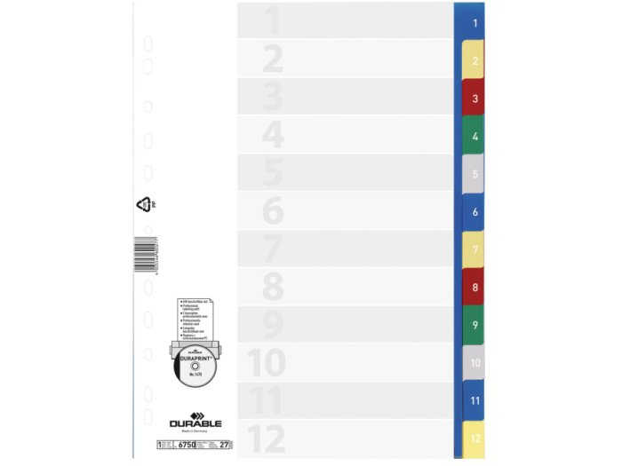 Przekładki A4 kolorowe do segregatora z kartą opisową, 12 działów, multiperforowane.