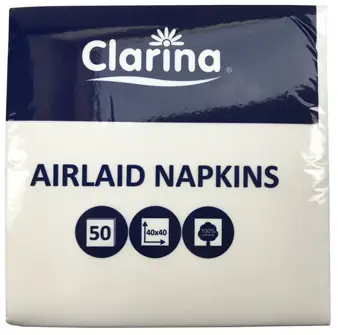 Serwetka Bankietowa 40/40 BIAŁA 50szt CLARINA włókninowa Airland AKU Serwetki dekoracyjne bankietowe. Posiada jednowarstwową budowę, jest chłonna, estetyczna i miękka w dotyku. Wymiary: 40x40 cm. Opakowanie zawiera: 50 szt.
<!--M3 P12 K30-->