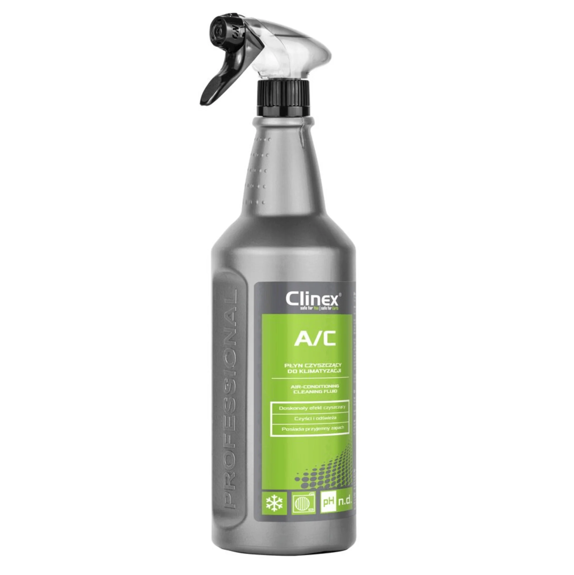 Preparat do czyszczenia klimatyzacji Clinex A/C 1L w butelce ze spryskiwaczem na białym tle.