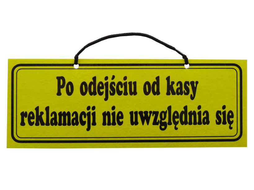 Żółta tabliczka ostrzegawcza z czarnym tekstem i uchwytem.