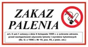 Tablica naklejka zakaz palenia z tekstem ustawy i symbolem zakazującym palenia papierosów, format 15x15 i 15x20 cm.