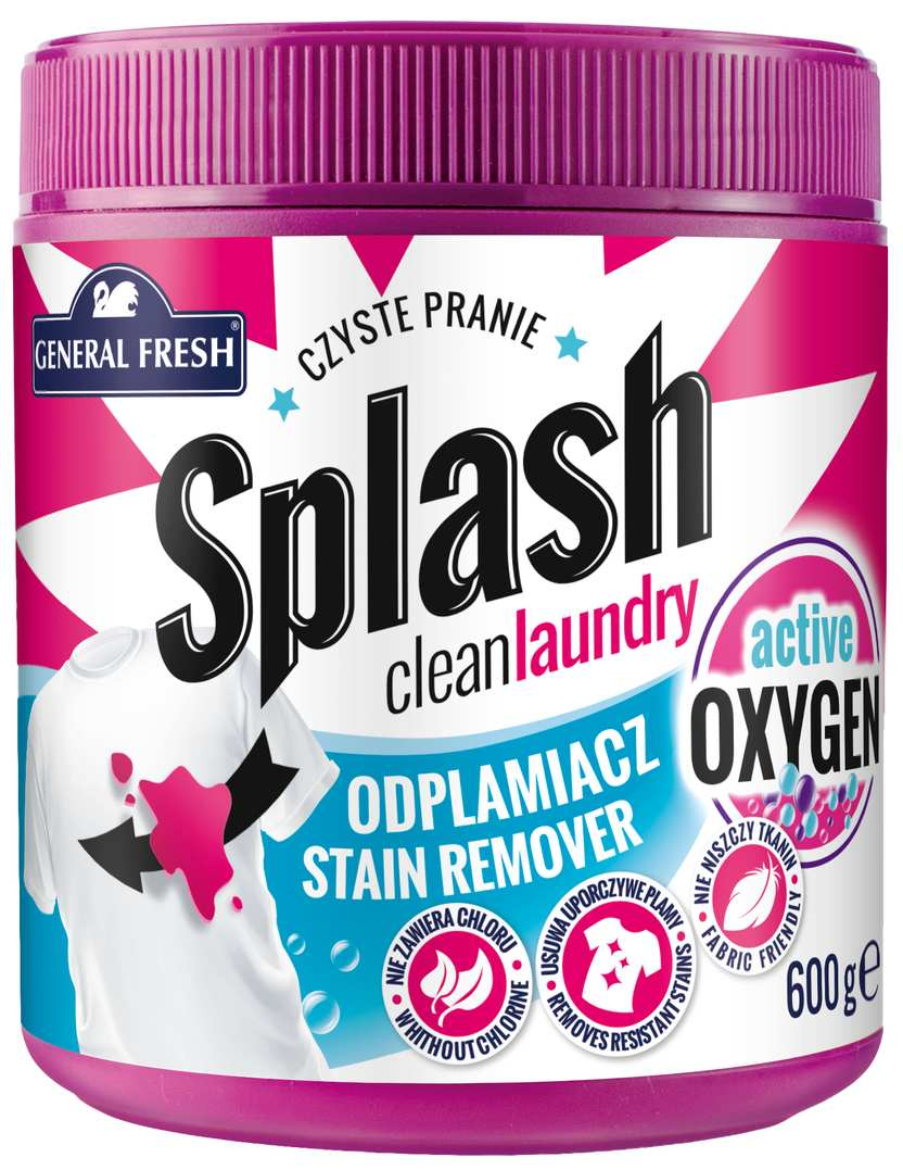 Odplamiacz do tkanin Splash 600g w opakowaniu słoika z czarno-różową etykietą, zawierający aktywny tlen.