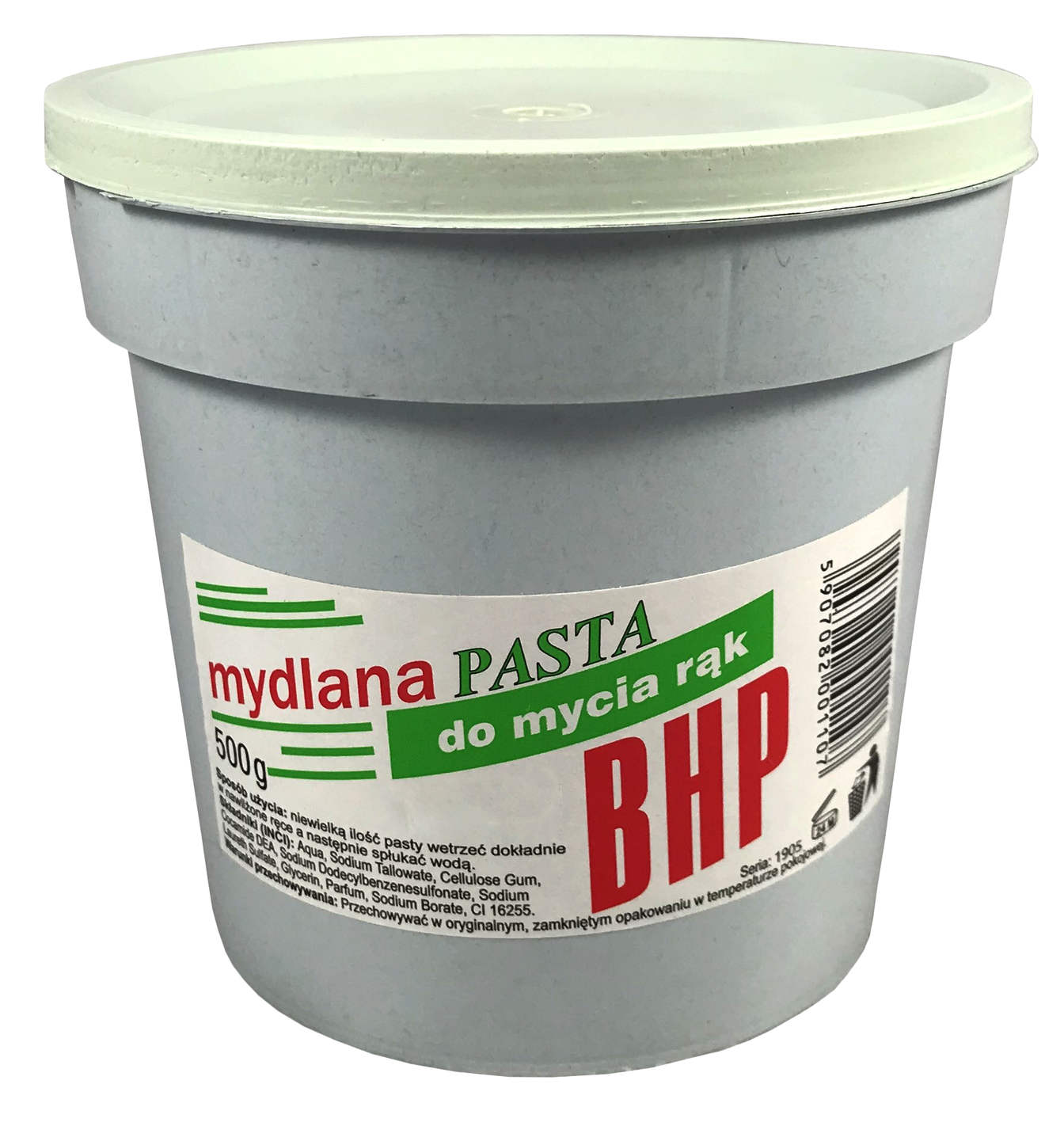 Pasta do mycia rąk BHP 500g Mydlana w białym pojemniku z zieloną pokrywką