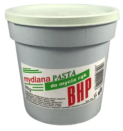 Pasta do mycia rąk BHP 500g Mydlana w białym pojemniku z zieloną pokrywką
