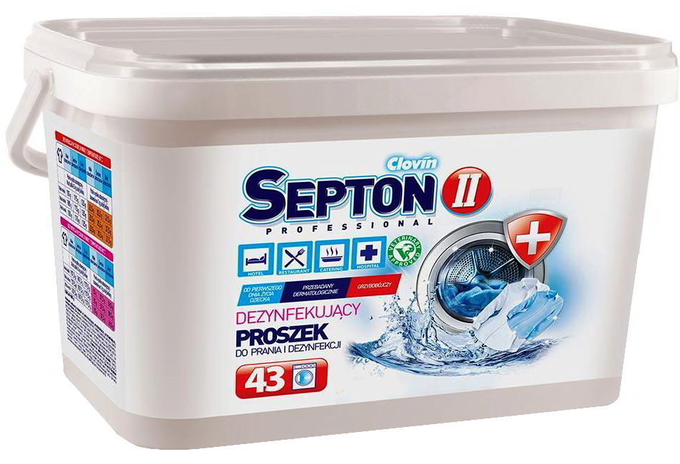 Clovin II Septon proszek do prania i dezynfekcji 5,175 kg w białym opakowaniu z uchwytem