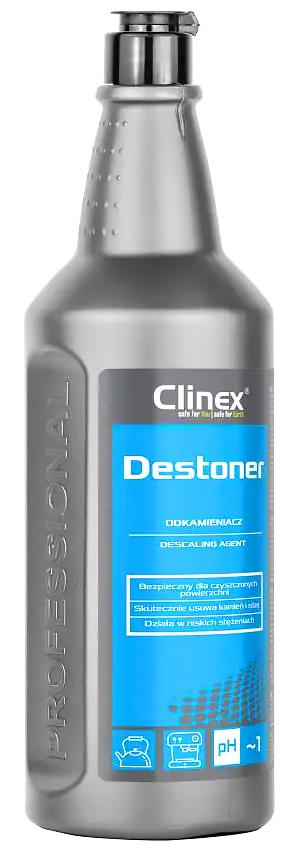 Clinex Destoner odkamieniacz do urządzeń gastronomicznych 1L w srebrnej butelce z niebieską etykietą.