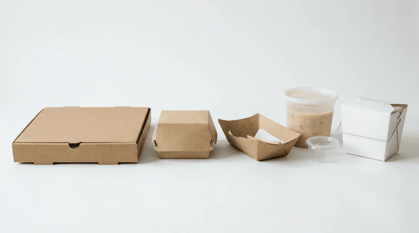 Opakowania gastronomiczne fast food: karton do pizzy, pudełko na burgera, tacka papierowa, pojemnik na sos i pudełko białe.