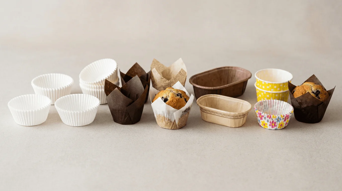 Papilotki do muffinek i babeczek w różnych rozmiarach, kształtach i kolorach: białe okrągłe, brązowe tulipan, beżowe owalne, wzorzyste z groszkami i motywami.