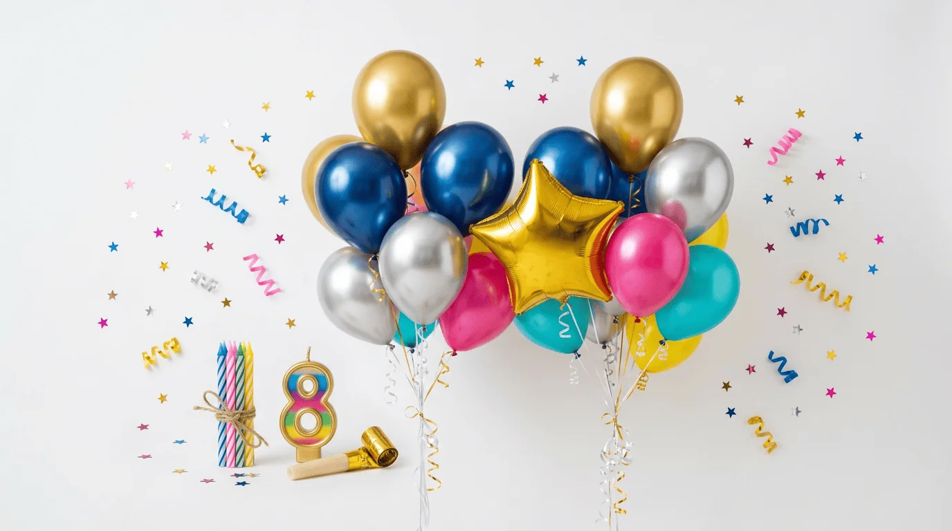 Balony i dekoracje imprezowe: metaliczne balony w kolorach złotym, niebieskim, srebrnym i różowym, foliowa gwiazdka, świeczki urodzinowe i konfetti